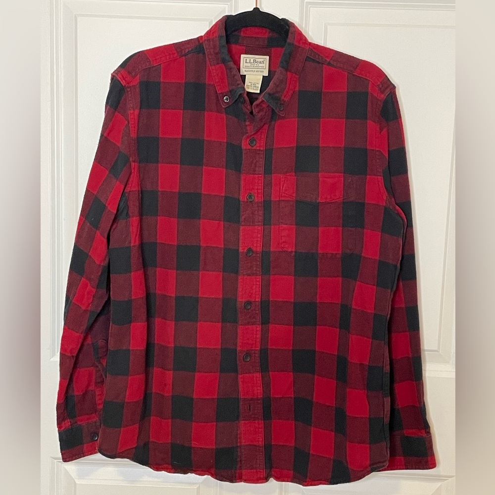 L.L.Bean Buffalo Plaid Flannel Shirt Red Black Slightly Fitted M Reg Heritage